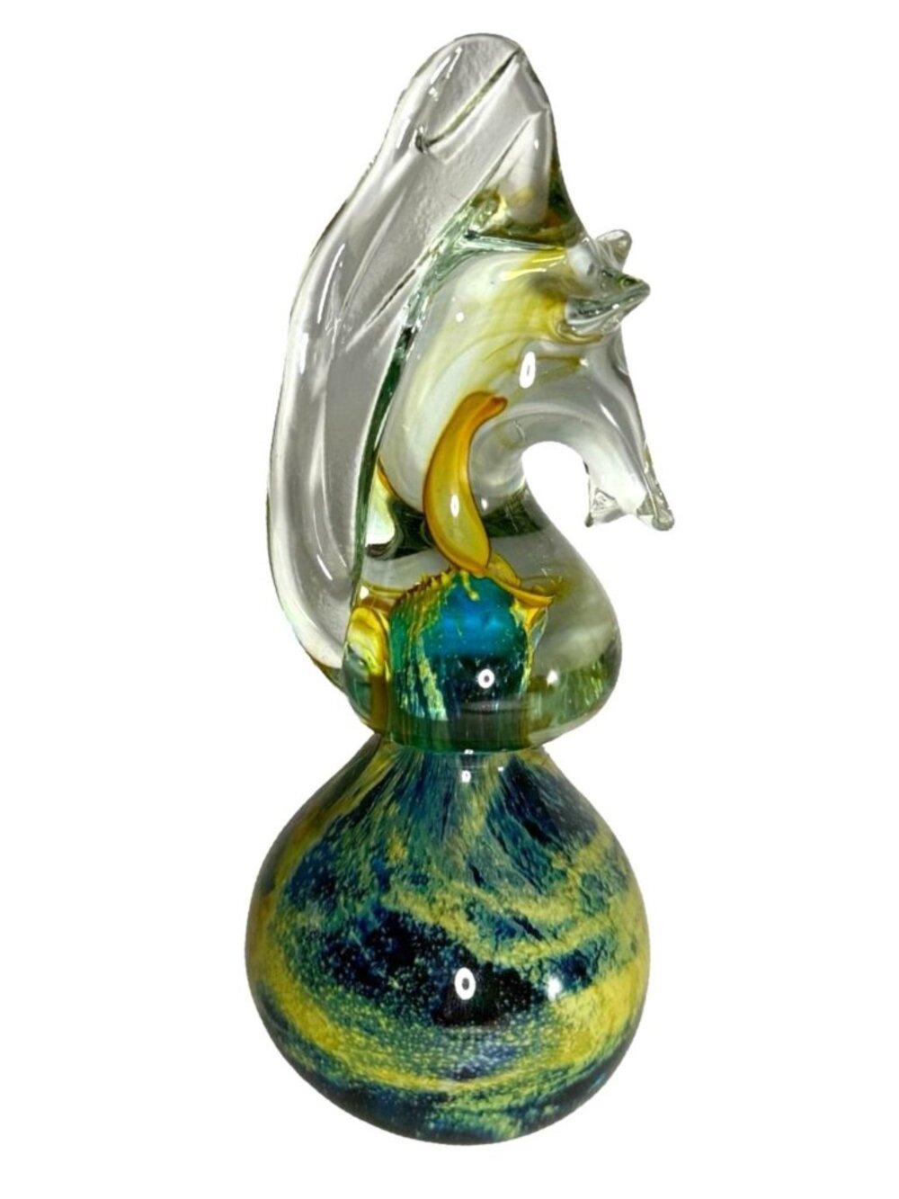 Art Glass SeaHorse Sculpture With Yellow & Blue Swirl Signed Mdina